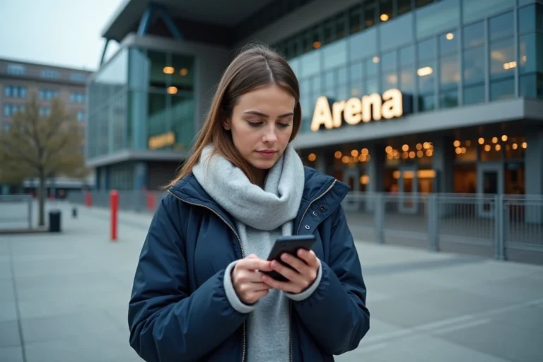 Femme consultant le portail Arena Amiens sur smartphone devant l'entrée de la salle de spectacle