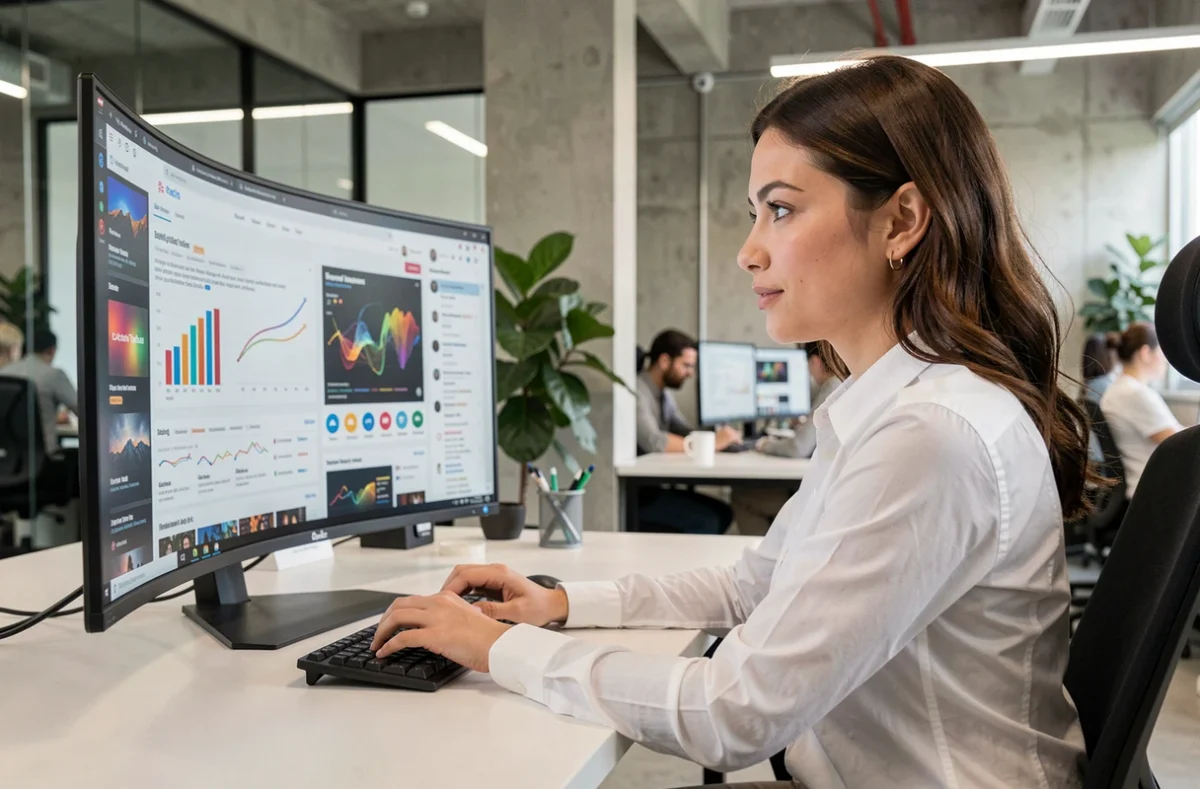 Femme professionnelle consultant les dernières actualités digitales sur un grand écran incurvé dans un bureau moderne