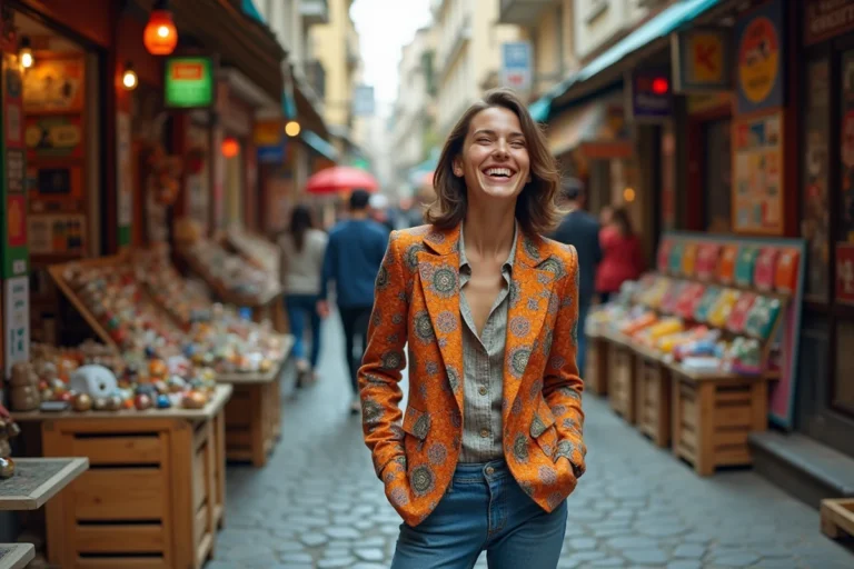 Jeune femme riant dans un marché urbain insolite entouré d'objets originaux et de stands colorés
