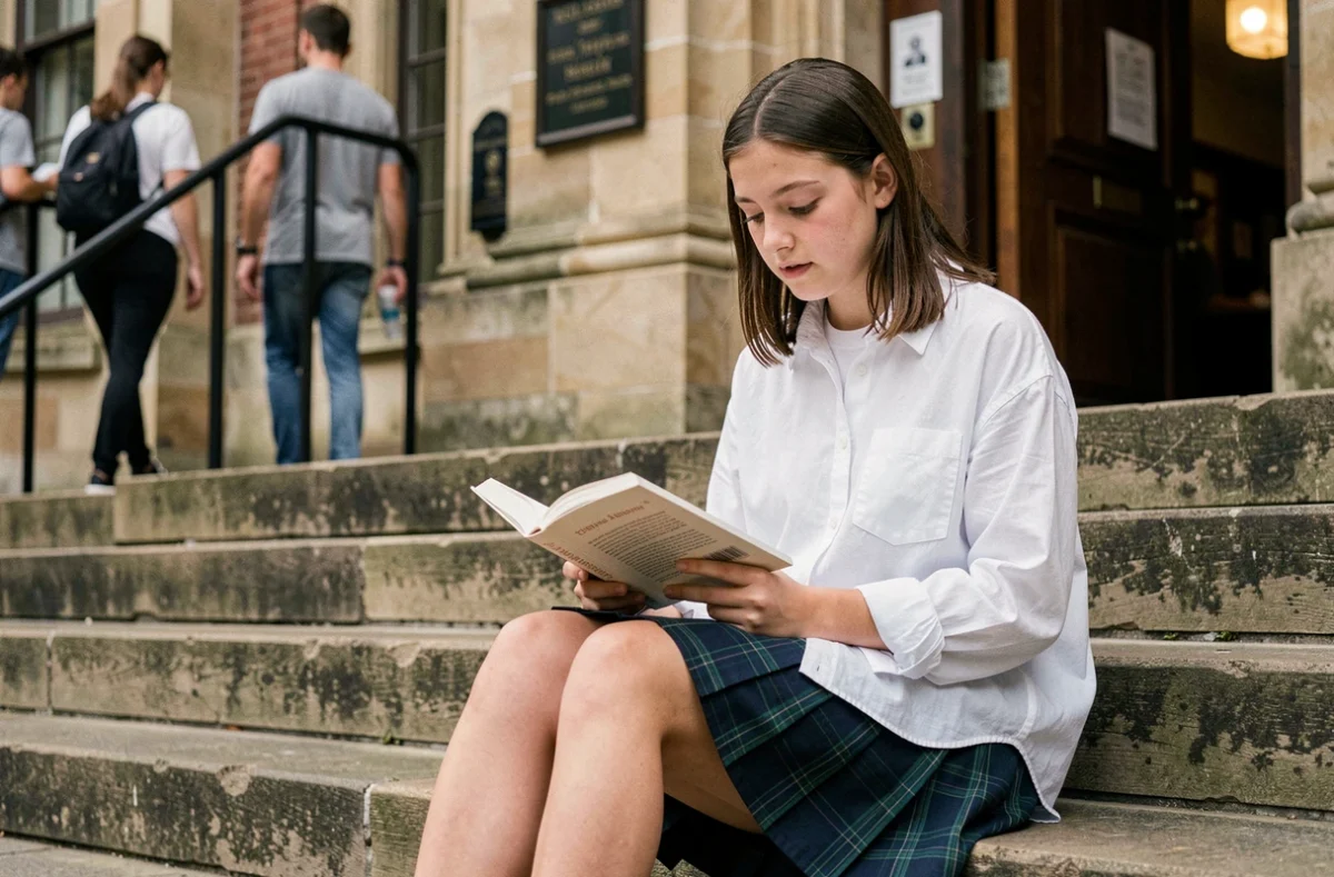 Adolescente en jupe plissée écossaise assise sur les marches d'une bibliothèque universitaire, symbolisant émancipation et style personnel