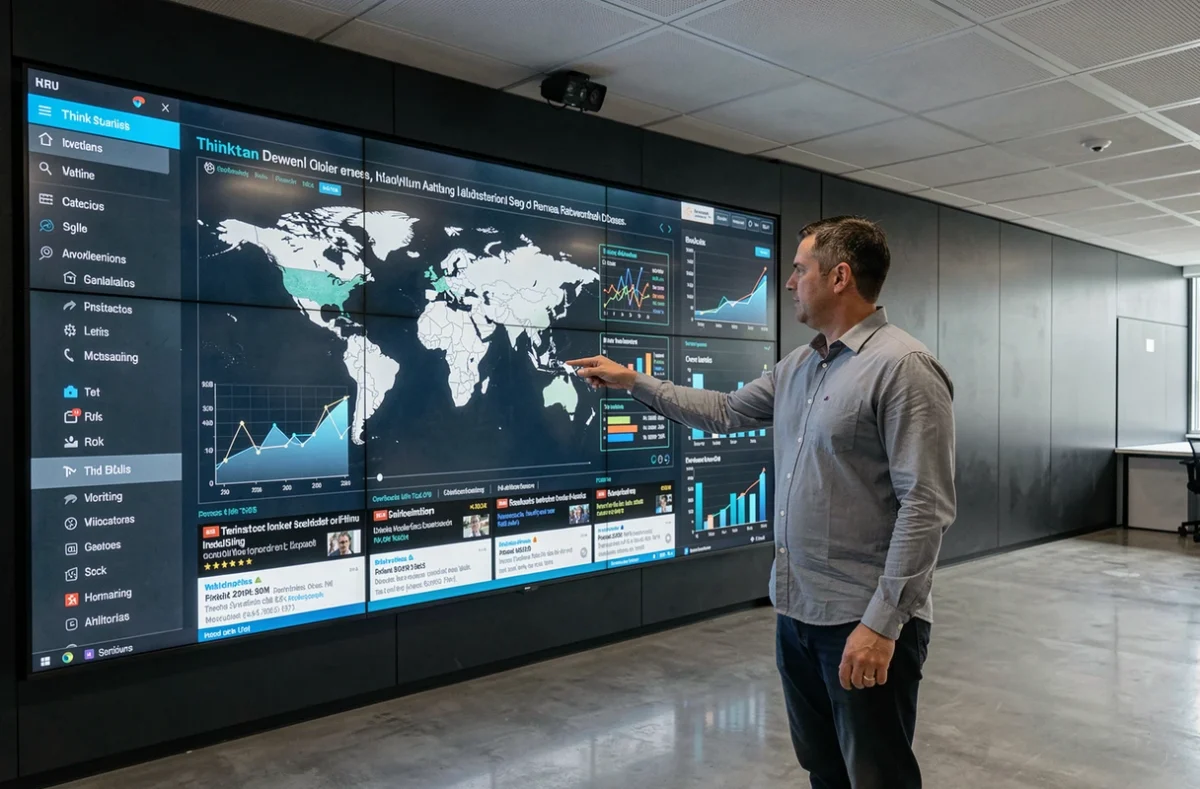 Analyste géopolitique devant un écran interactif affichant des tendances mondiales et des données internationales
