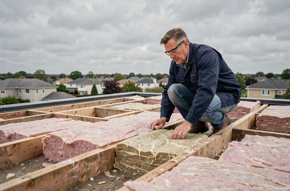 Artisan posant des panneaux d'isolation thermique en laine minérale sur une toiture résidentielle dans le cadre de travaux de rénovation énergétique