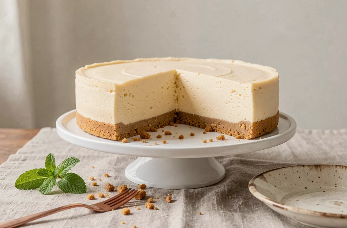 Cheesecake sans cuisson tranché sur un présentoir blanc révélant un fond biscuité croustillant en coupe, sur une table en lin rustique avec accessoires vintage