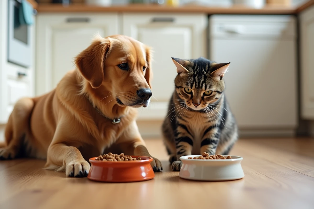 Chien golden retriever et chat tigré mangeant des croquettes dans des bols en céramique à la maison