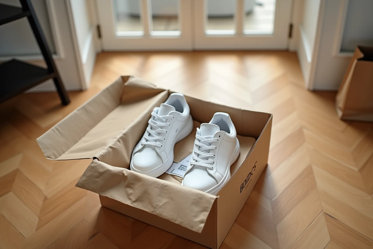 Colis Zalando déballé avec sneakers blanches et documents de paiement différé sur parquet