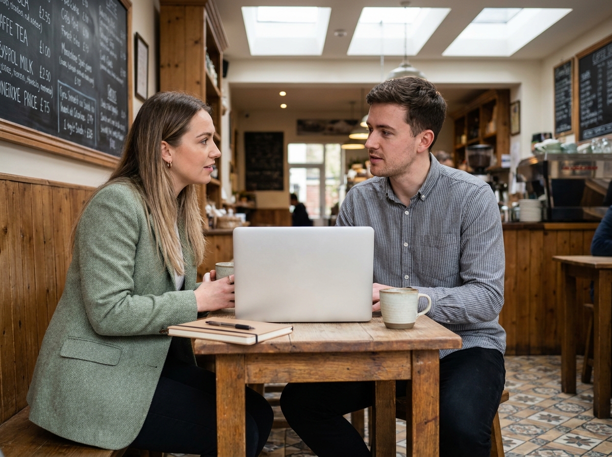 Deux collègues collaborant sur un ordinateur portable dans un café indépendant chaleureux