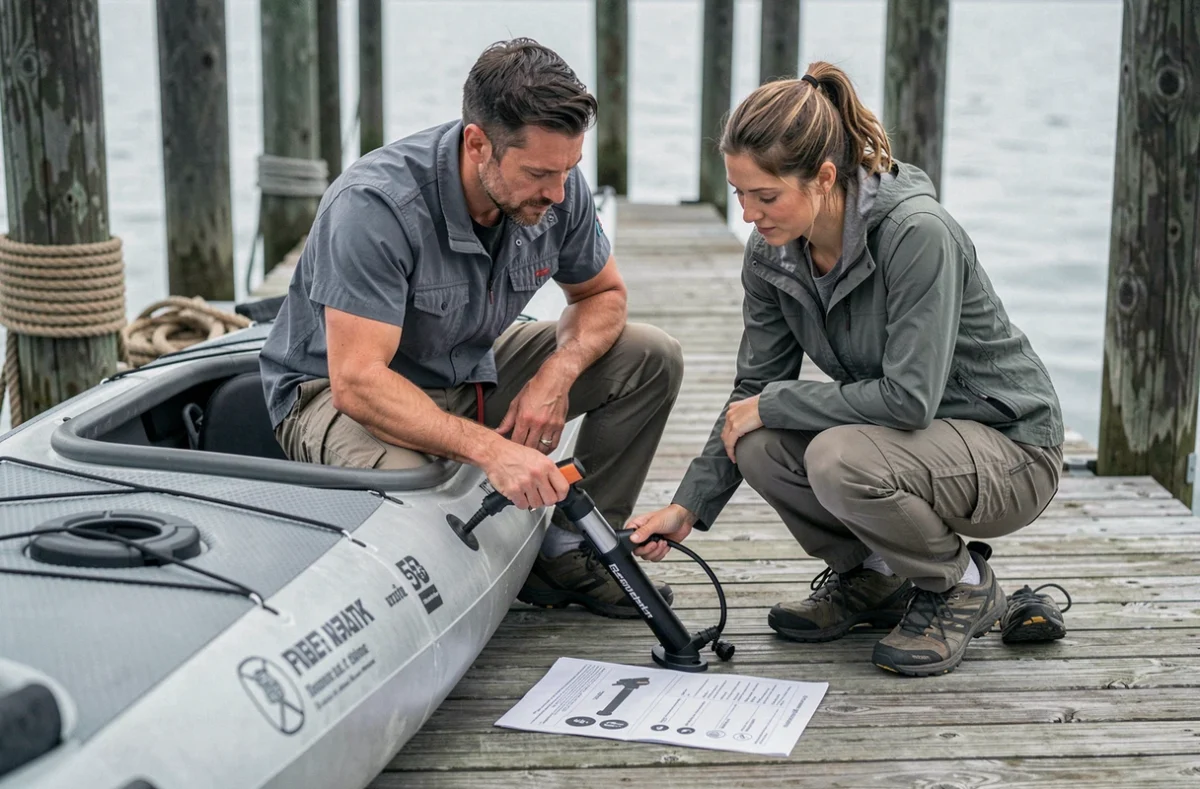 Couple choisissant un kayak gonflable sur un ponton de marina en consultant une fiche technique comparative