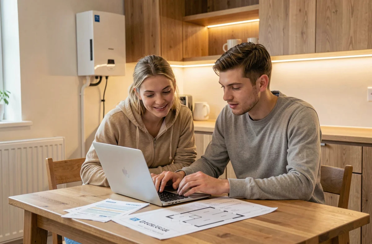 Couple étudiant des devis de rénovation énergétique et leurs factures d'énergie dans une cuisine modernisée équipée d'une pompe à chaleur