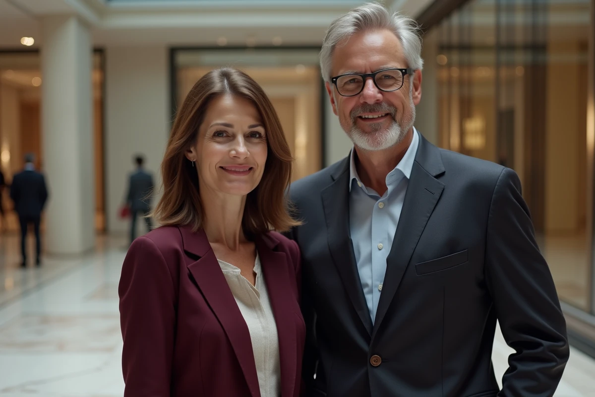 Couple de journalistes professionnels dans un hall parisien élégant, portrait éditorial