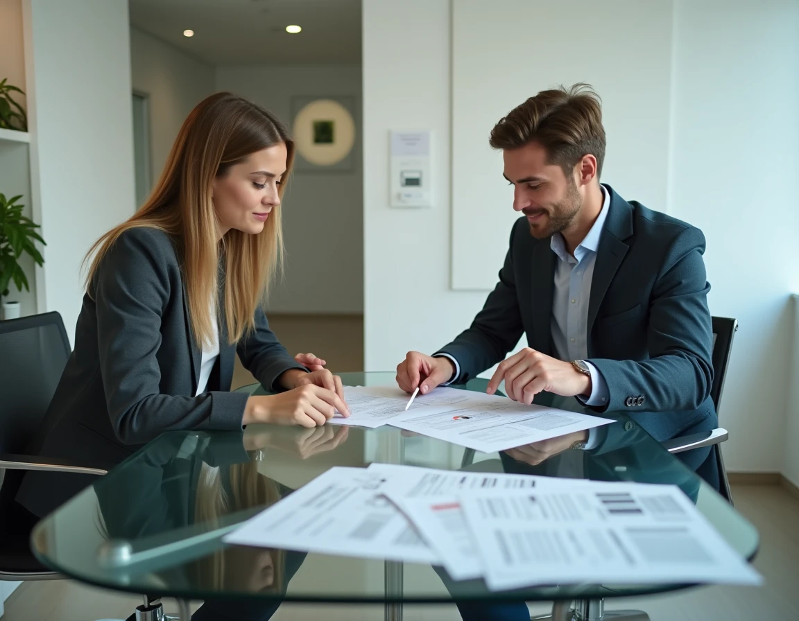 Un couple examinant ensemble une offre de prêt immobilier Casden dans une salle de réunion bancaire