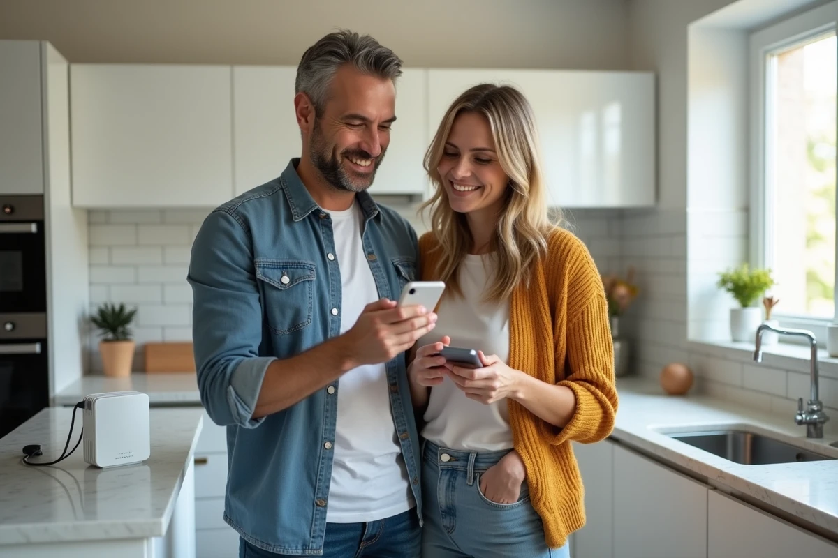 Couple consultant leur smartphone pour regrouper leur forfait Free Mobile avec leur Freebox dans la cuisine
