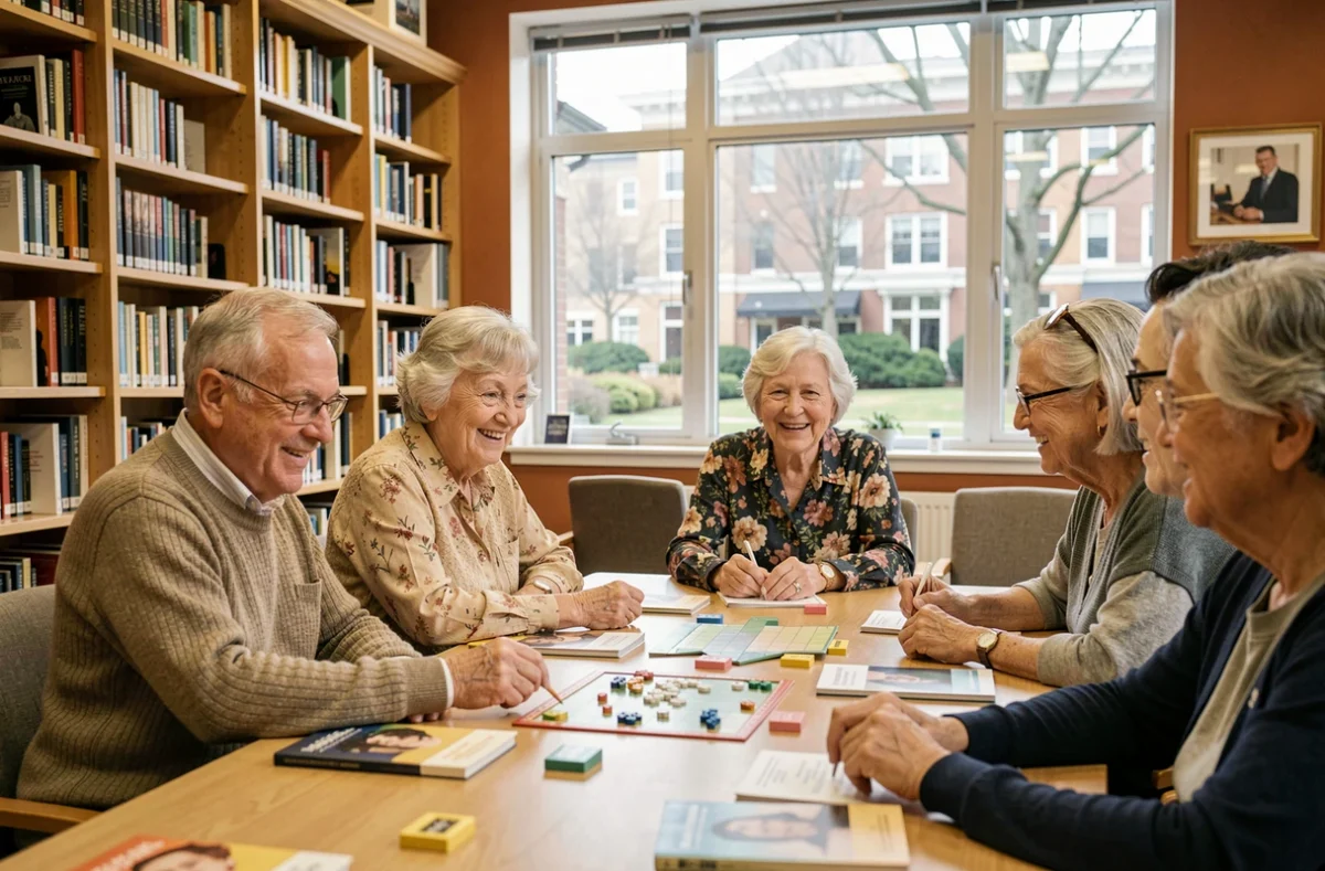 Couple de retraités participant à un club de lecture en bibliothèque, activité intellectuelle et sociale pour seniors