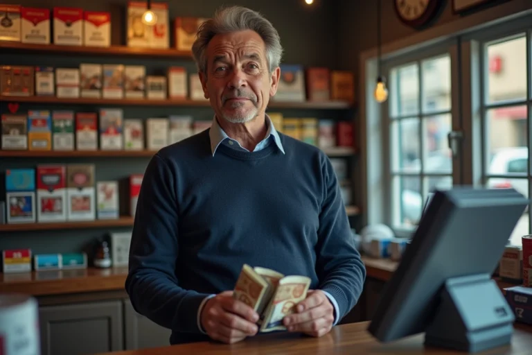 Homme tenant des billets en euros devant un terminal Nickel dans un bureau de tabac, illustrant un dépôt d'espèces refusé