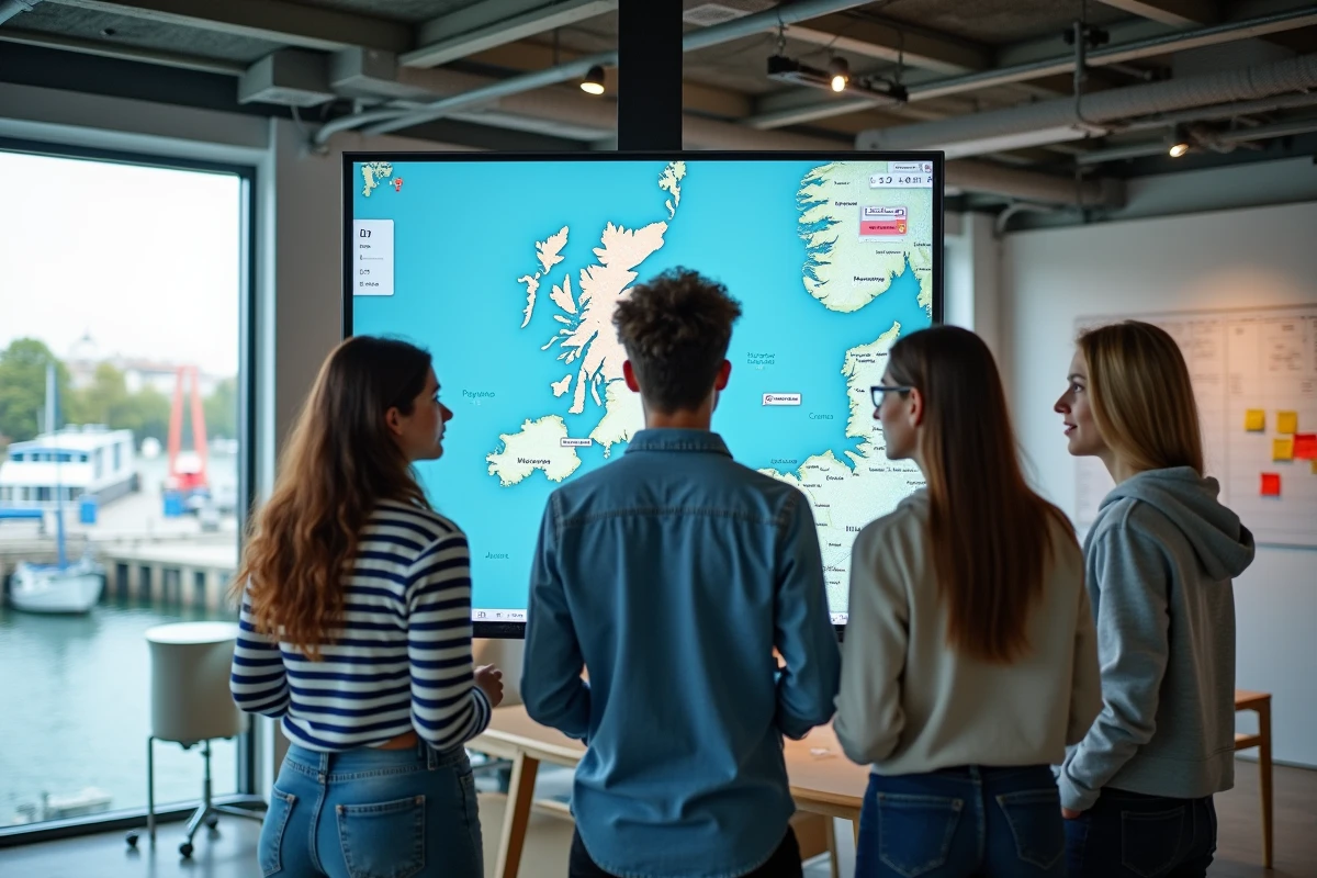 Équipe de professionnels bretons analysant des données numériques et actualités web sur un écran interactif dans un bureau moderne à Brest