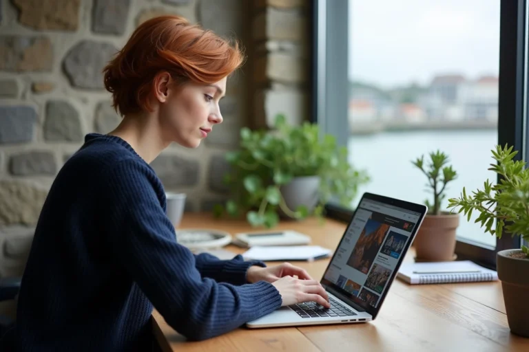 Femme bretonne consultant les actualités numériques sur un ordinateur portable dans un espace de coworking avec vue sur la ville