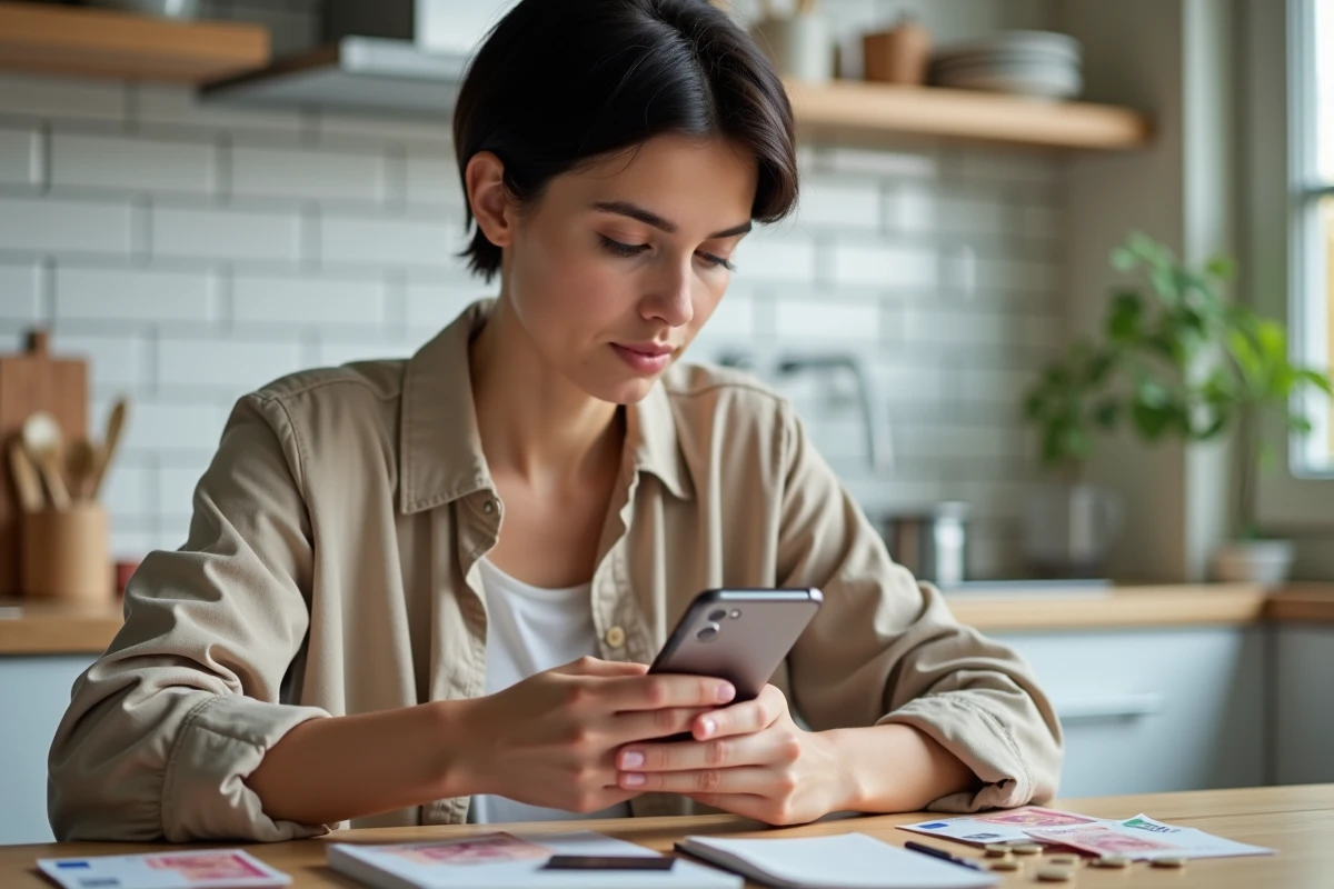 Jeune femme consultant son application bancaire Nickel avec des espèces et sa carte sur une table, cherchant une solution à un refus de dépôt