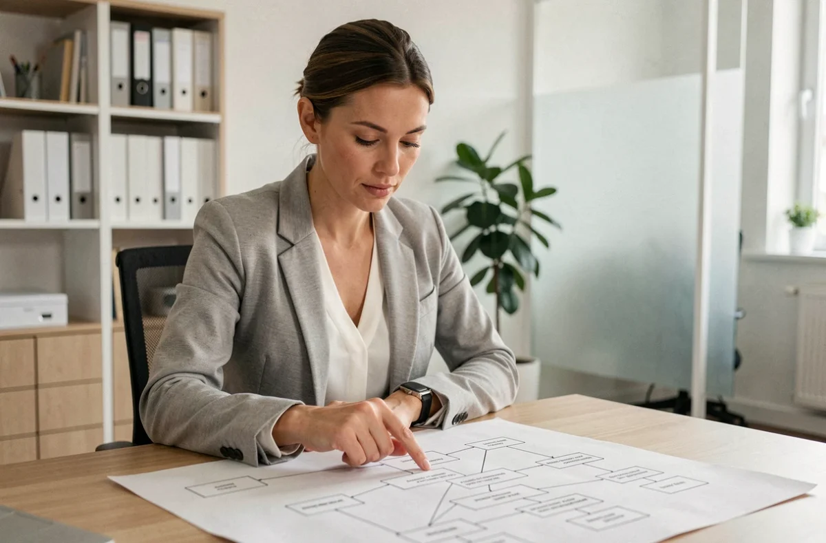 Femme professionnelle étudiant un plan de site imprimé sur un bureau en bois dans un bureau moderne