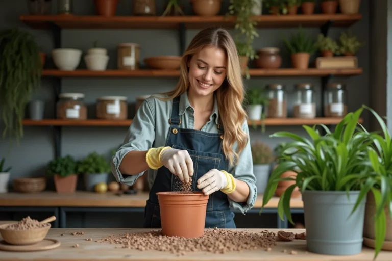 Femme en jardinage avec argile pebbles dans un atelier