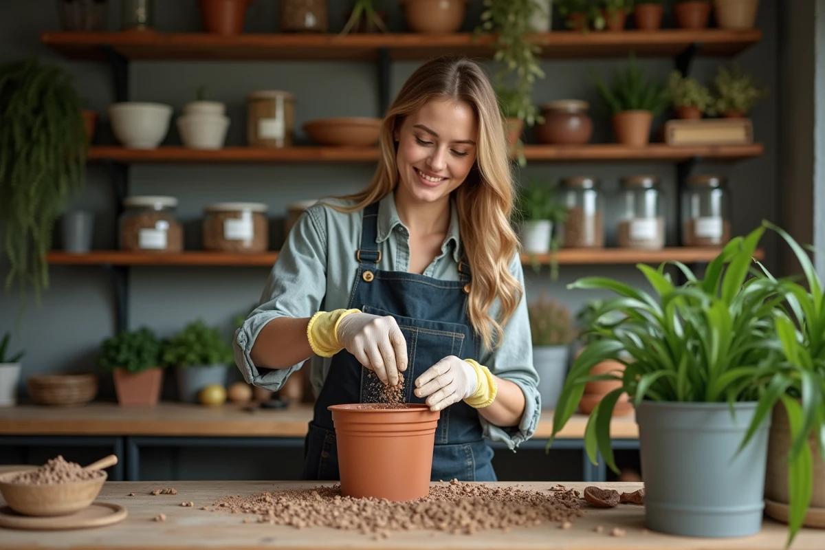 Femme en jardinage avec argile pebbles dans un atelier