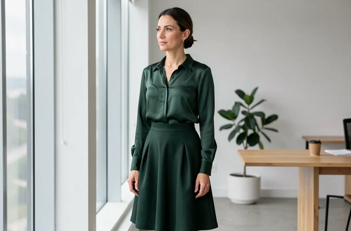 Femme professionnelle en jupe évasée verte devant une fenêtre de bureau moderne, illustrant l'expression de soi par la mode féminine