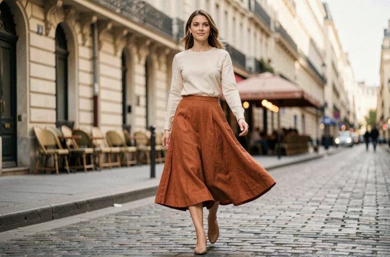 Jeune femme portant une jupe midi terracotta dans une rue parisienne pavée, symbolisant confiance et féminité