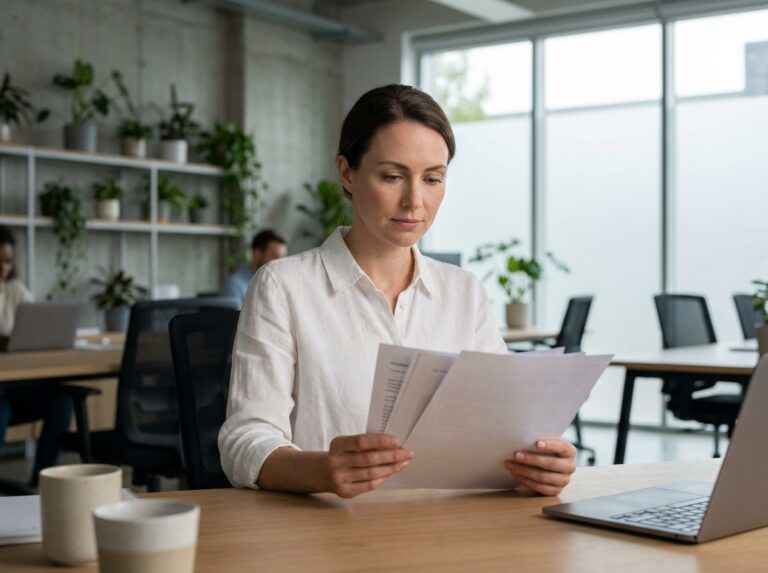 Femme professionnelle en bureau moderne consultant des documents imprimés avec concentration