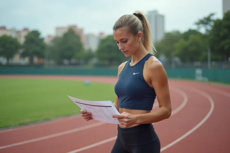 Femme sportive consultant un programme d'entraînement sur une piste d'athlétisme, illustrant le choix d'un sport adapté à ses objectifs