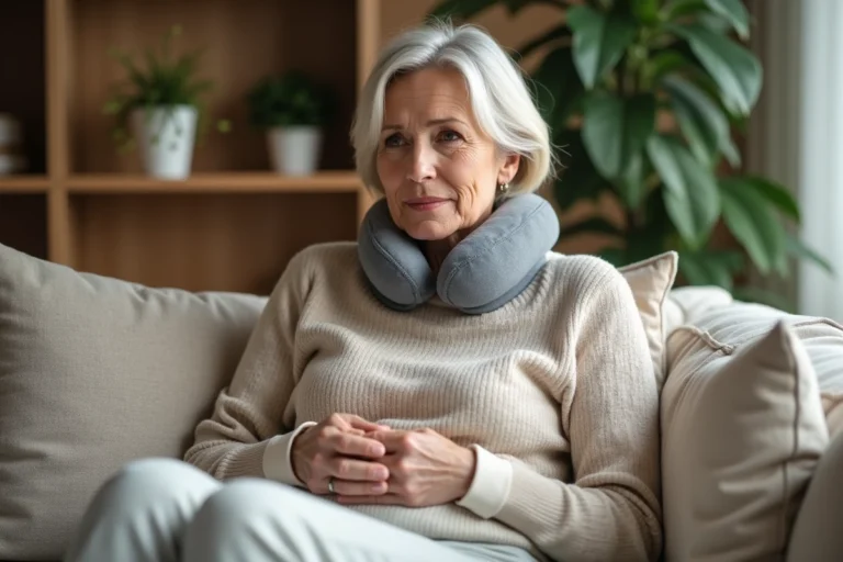 Femme assise sur un canapé avec un coussin de massage cervical