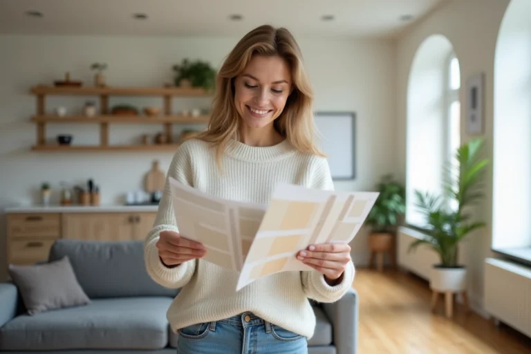 Femme souriante dans une maison renovée et moderne