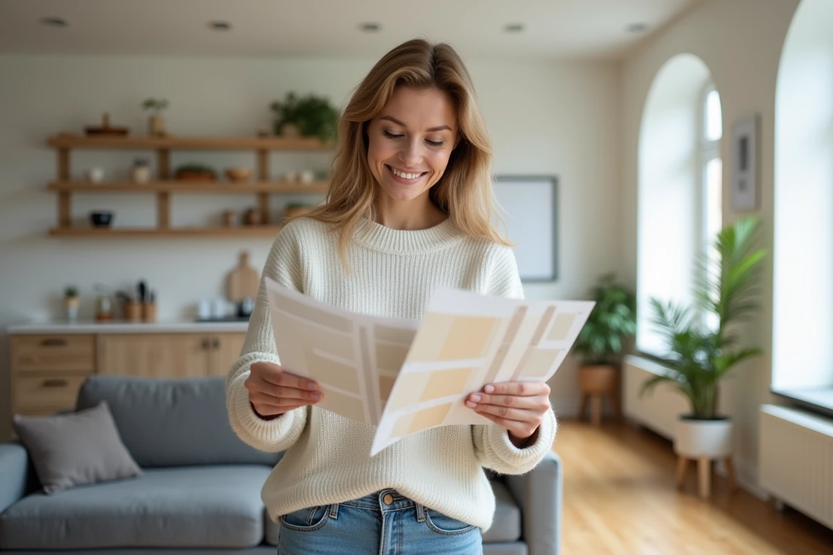 Femme souriante dans une maison renovée et moderne