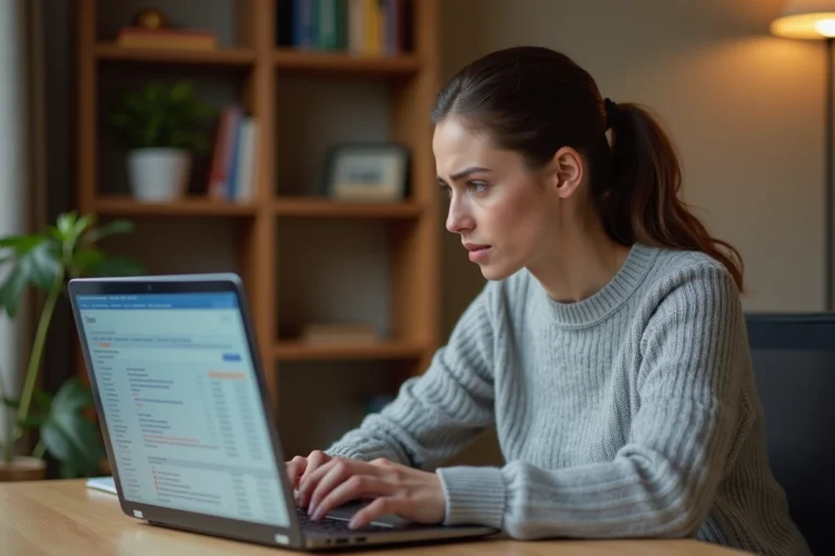 Femme concentrée résolvant un bug sur une application de gestion documentaire MyArkevia depuis son bureau à domicile