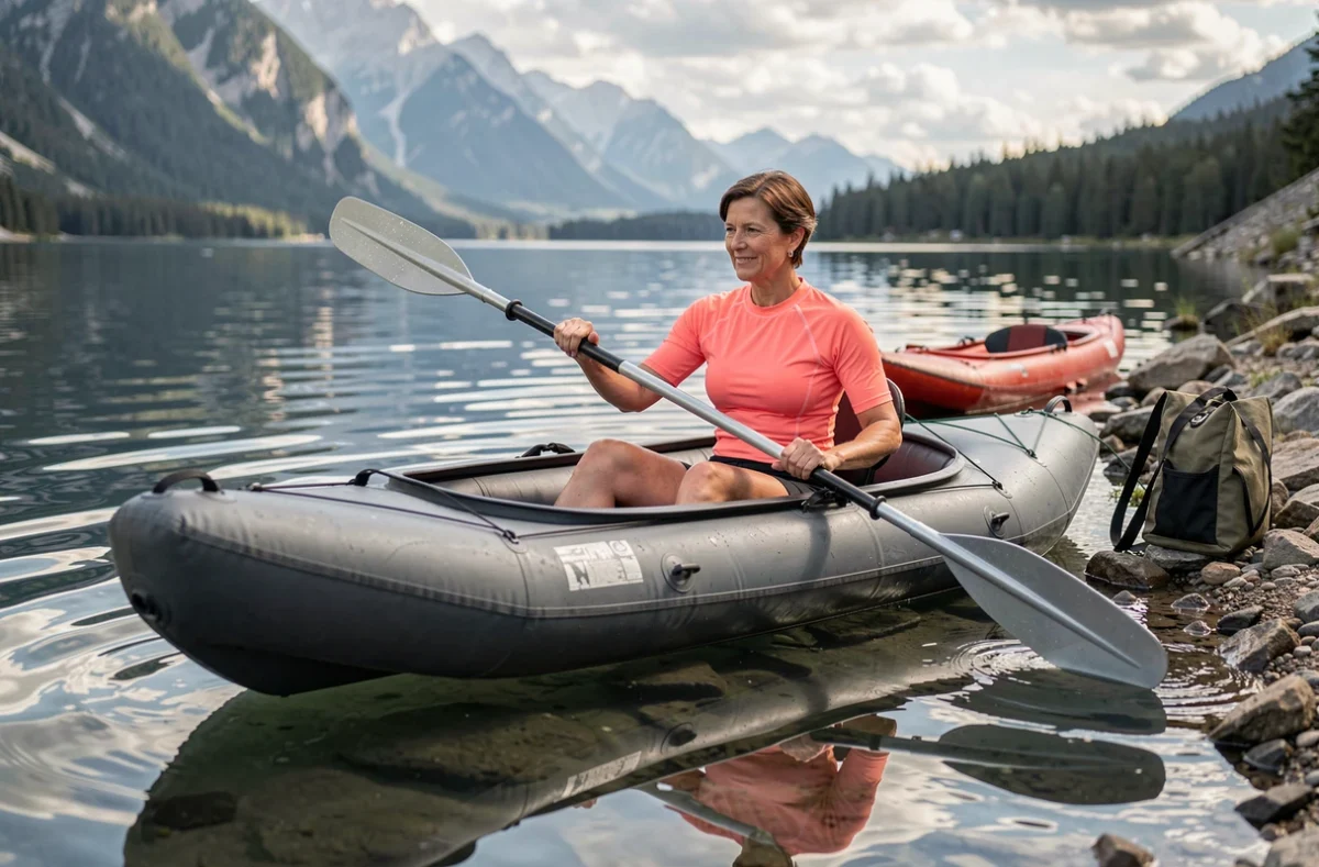 Femme pagayant dans un kayak gonflable biplace sur un lac de montagne lors d'un test comparatif de modèles