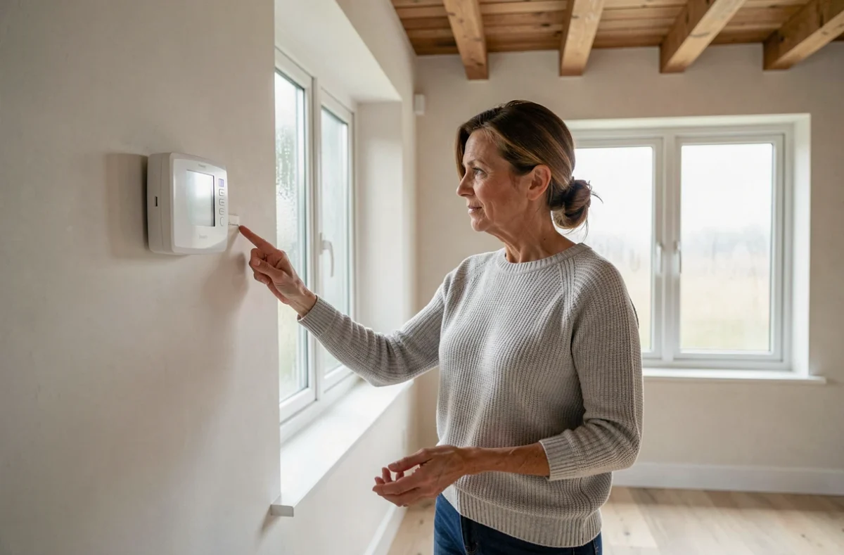 Femme examinant un thermostat programmable dans un salon rénové avec de nouvelles fenêtres à double vitrage, illustrant la rénovation énergétique