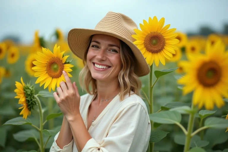 Femme souriante dans un champ de tournesols en été