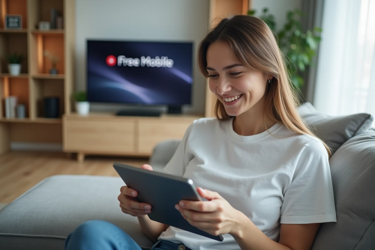 Femme gérant le regroupement de son forfait Free Mobile avec sa Freebox sur une tablette dans son salon