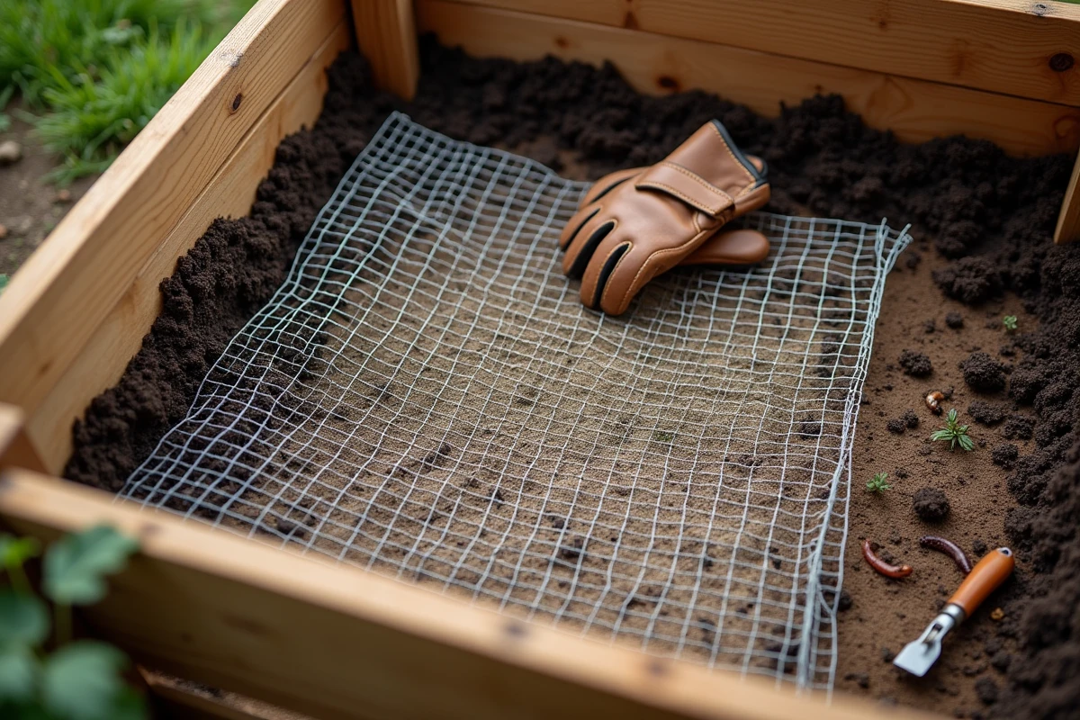 Pose d'une grille anti-racines en métal au fond d'un composteur en bois pour protéger le compost