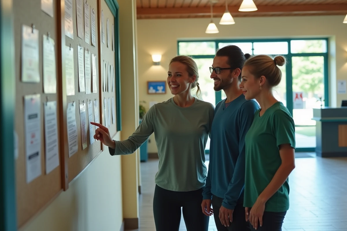 Groupe de personnes discutant des affiches de clubs sportifs locaux dans un hall communautaire, pour choisir le sport le mieux adapté à leurs envies