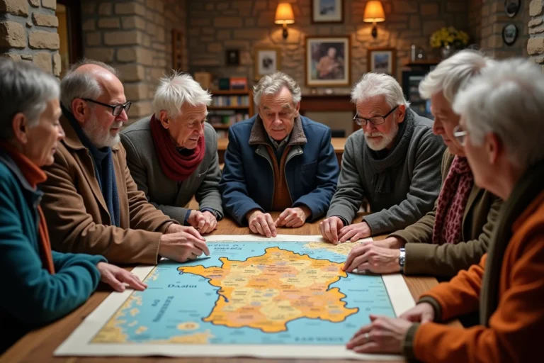 Groupe de personnes autour d'une carte de France en discussion