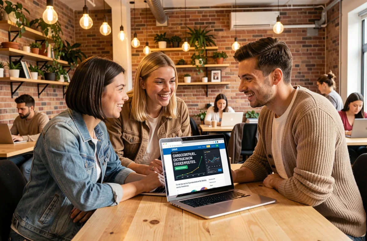 Groupe de jeunes professionnels discutant des dernières actualités et tendances du digital sur un ordinateur portable dans un espace de coworking
