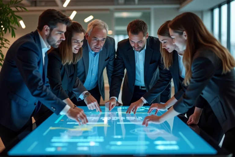 Groupe de professionnels collaborant autour d'une table tactile moderne