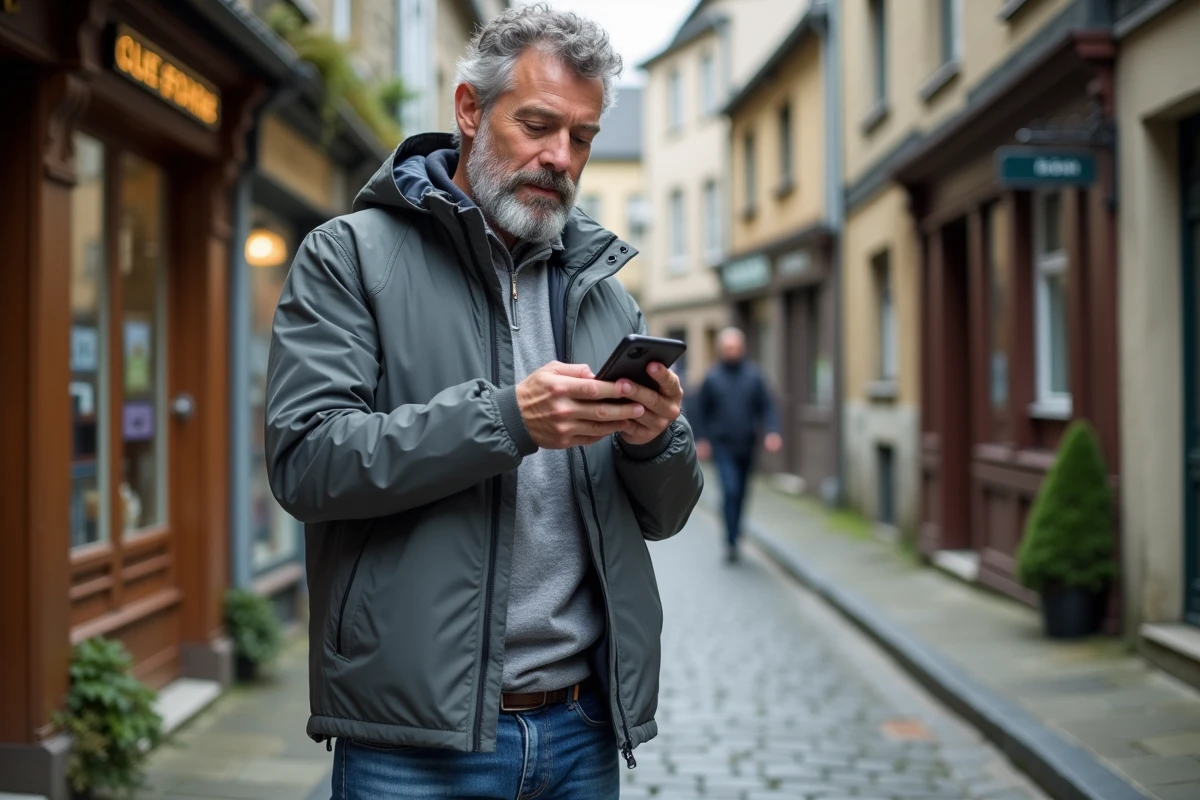 Homme lisant les actualités web bretonnes sur smartphone dans une rue pavée historique de Rennes