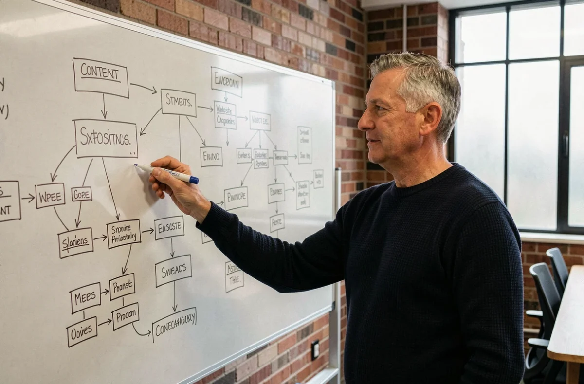 Homme présentant une architecture de site web sur un tableau blanc dans une salle de réunion