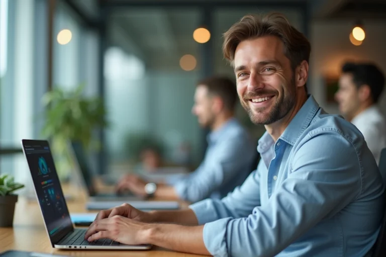 Homme de bureau détendu utilisant un ordinateur portable
