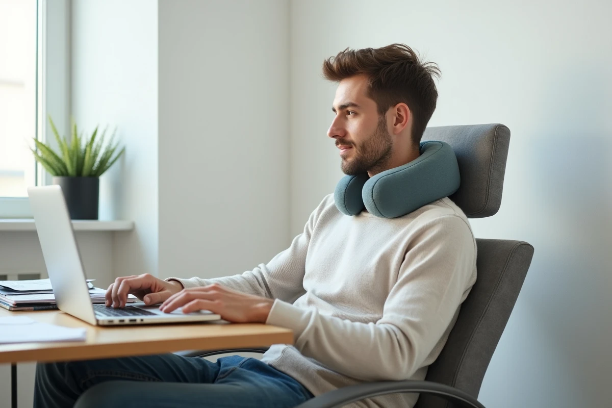 Jeune homme utilisant un coussin de massage au bureau