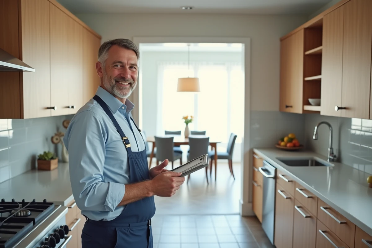 Homme inspectant une cuisine renovée et élégante