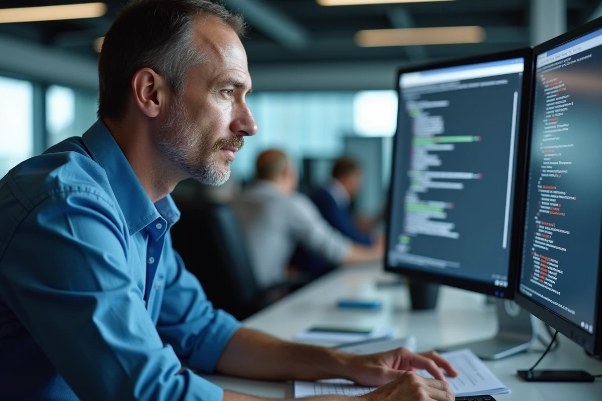 Homme en entreprise consultant des journaux d'erreurs pour résoudre un problème technique sur un logiciel de gestion