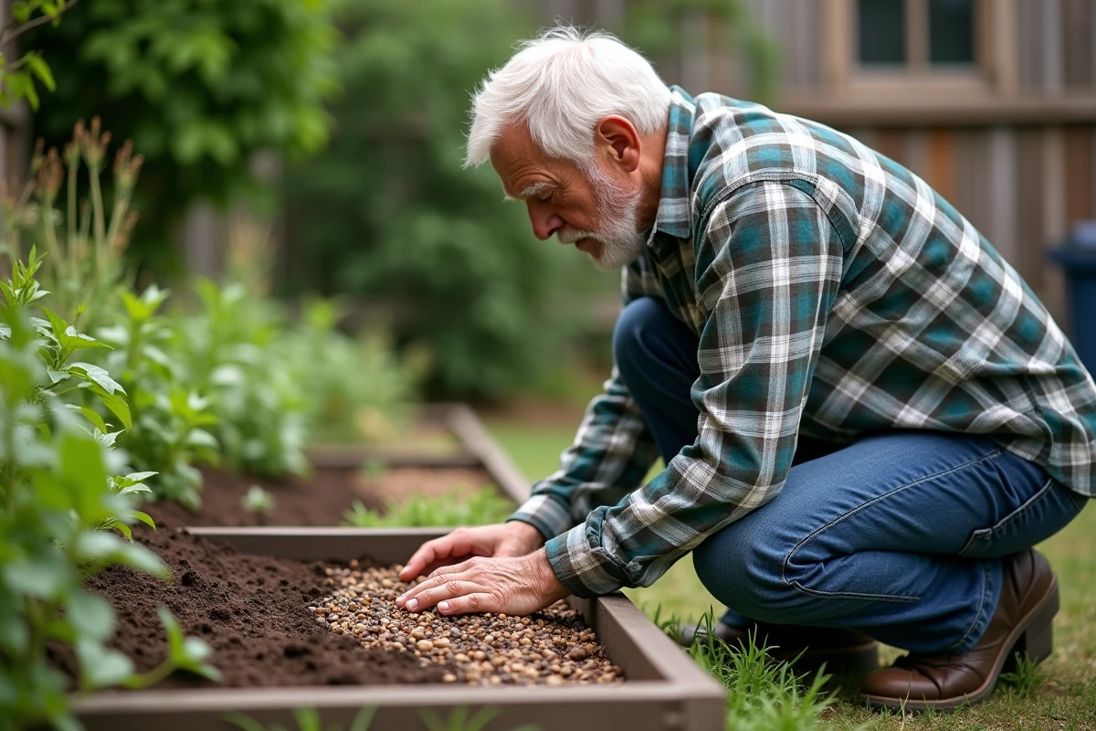 Homme âgé ajoutant des galets dans un jardin écologique
