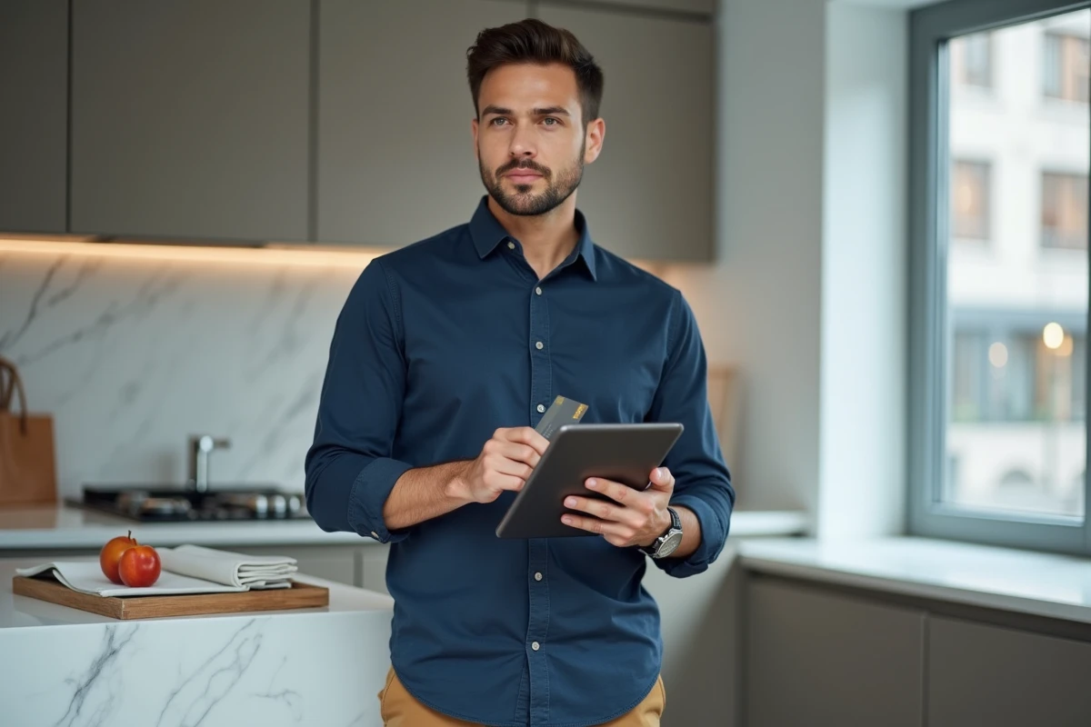 Homme utilisant sa carte bancaire pour payer en plusieurs fois sur Zalando via tablette