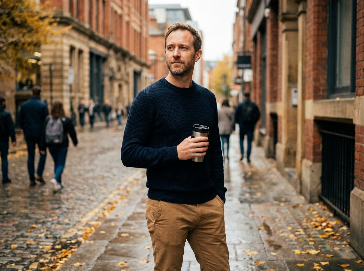 Homme en pull marine tenant un café dans une rue urbaine en automne avec architecture en brique