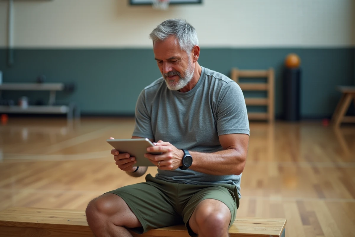 Homme d'âge moyen explorant des options sportives sur une tablette dans une salle de sport communautaire, pour choisir une activité physique adaptée